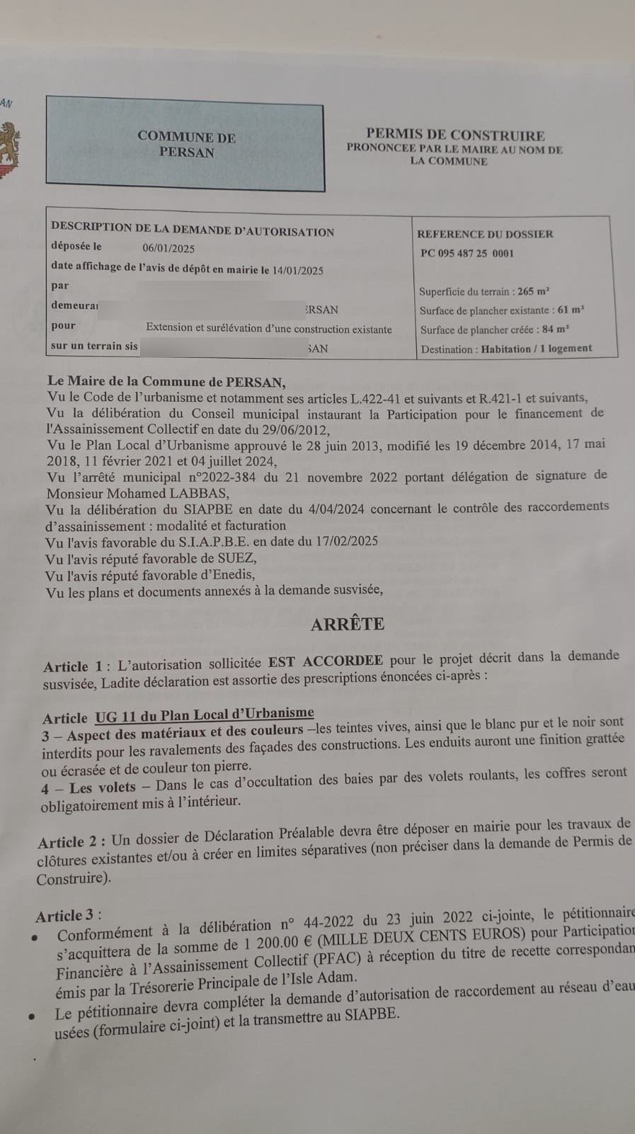 Arrêté de permis de construire accordé — commune de Persan (95), extension et surélévation, 84 m² créés