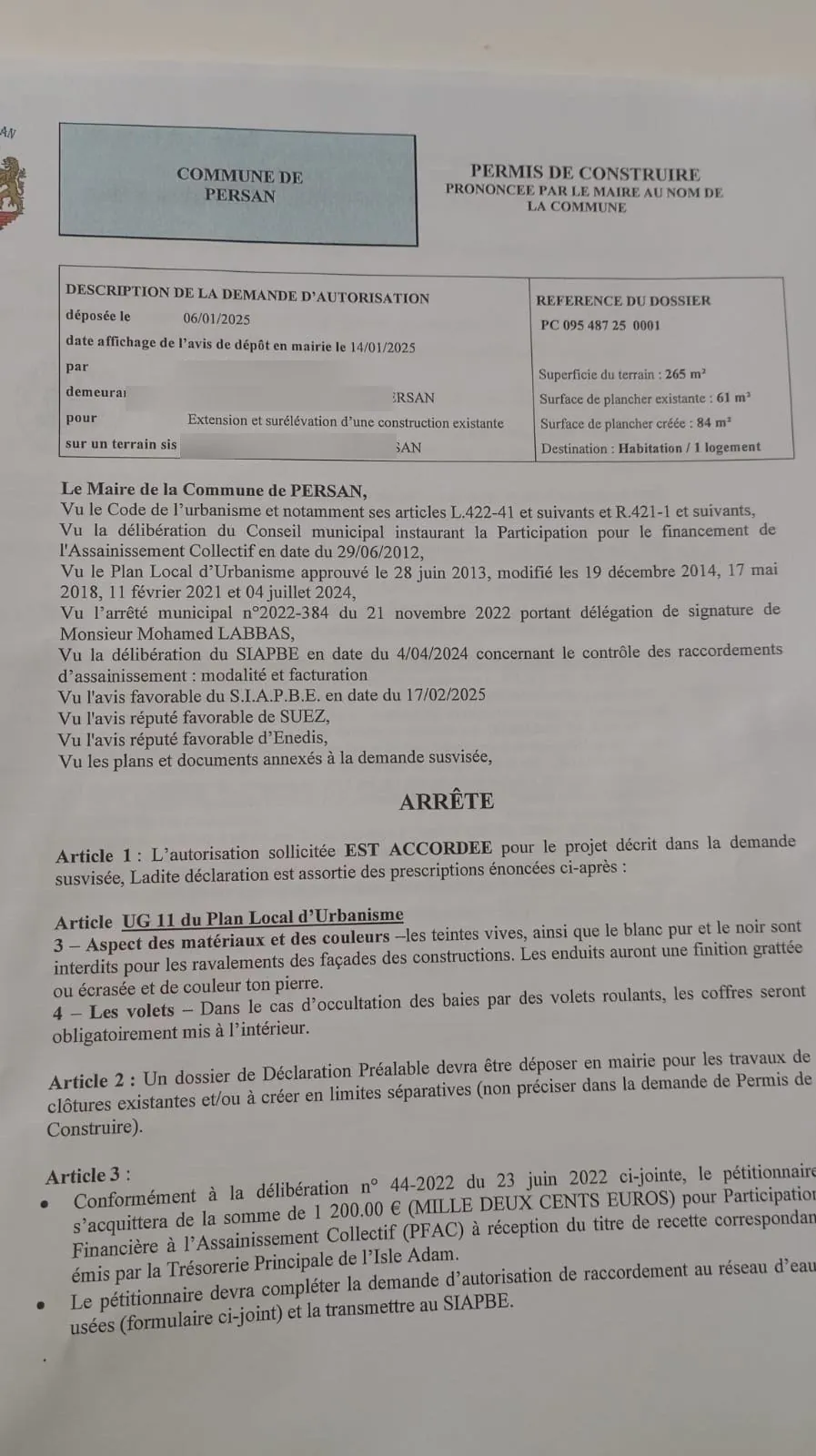 Arrêté de permis de construire accordé — commune de Persan (95), extension et surélévation, 84 m² créés