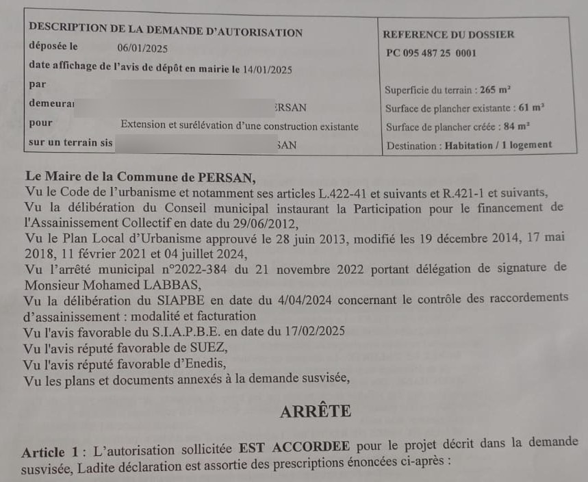 Arrêté de permis de construire accordé — commune de Persan (95), extension et surélévation