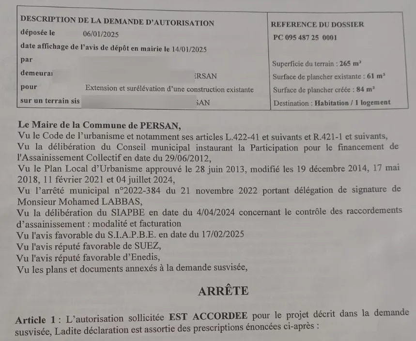 Arrêté de permis de construire accordé — commune de Persan (95), extension et surélévation