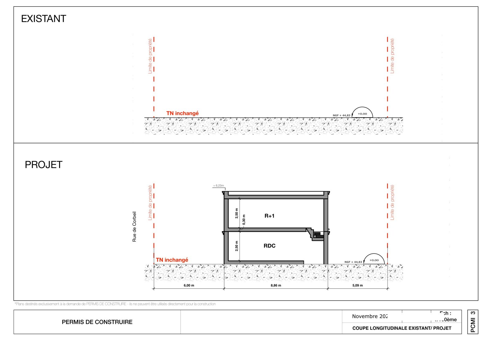 PCMI 3 — plan en coupe du terrain et de la construction, Lisses