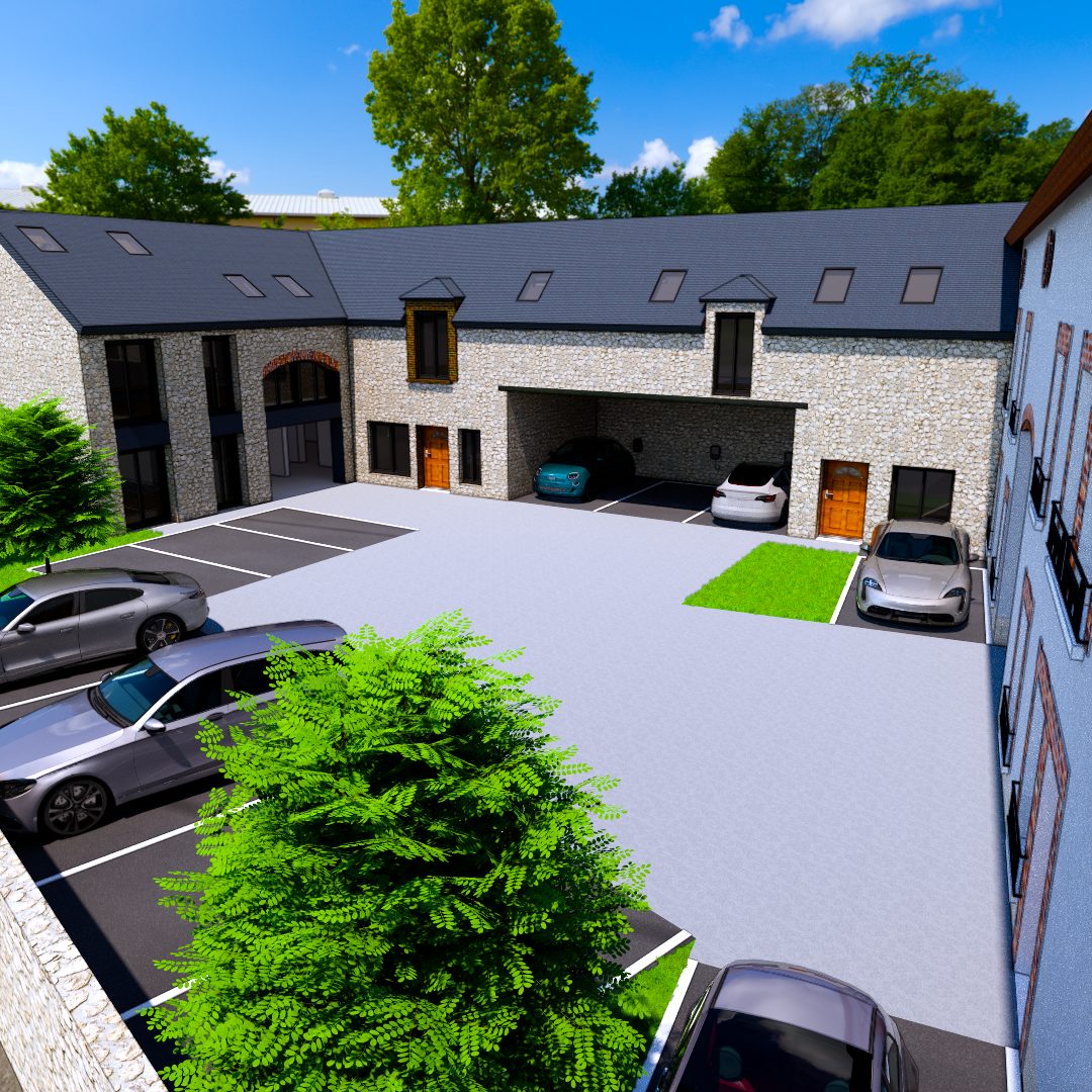 Réhabilitation d'une ferme à Château-Landon (77) en collectif de 15 logements — cour intérieure, façades en pierre et toitures en tuiles plates