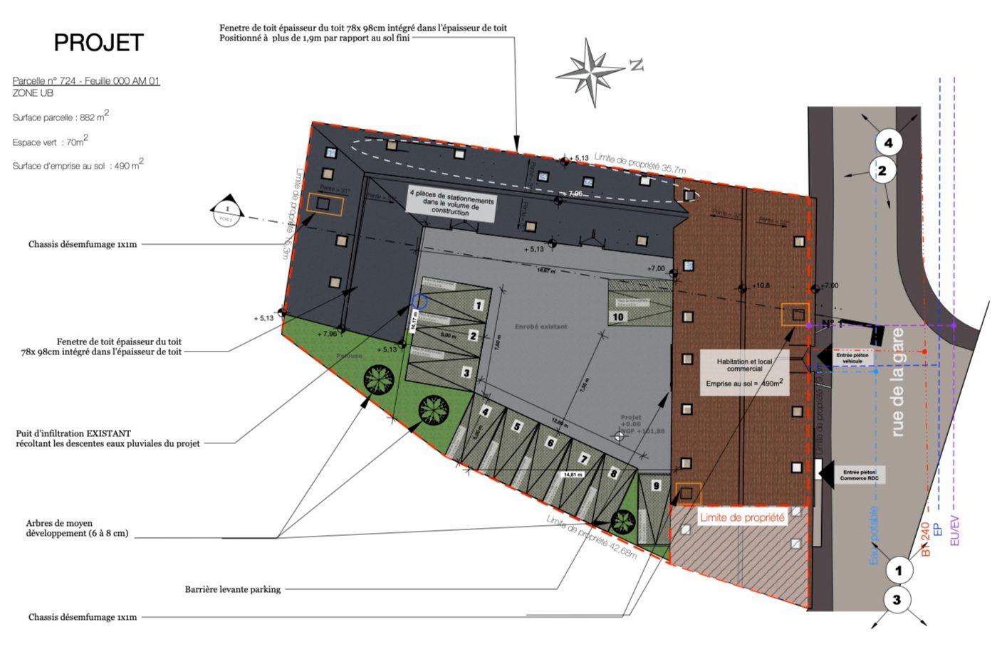 Plan de masse du permis de construire à Château-Landon (77) — collectif de 15 logements, stationnements et local commercial
