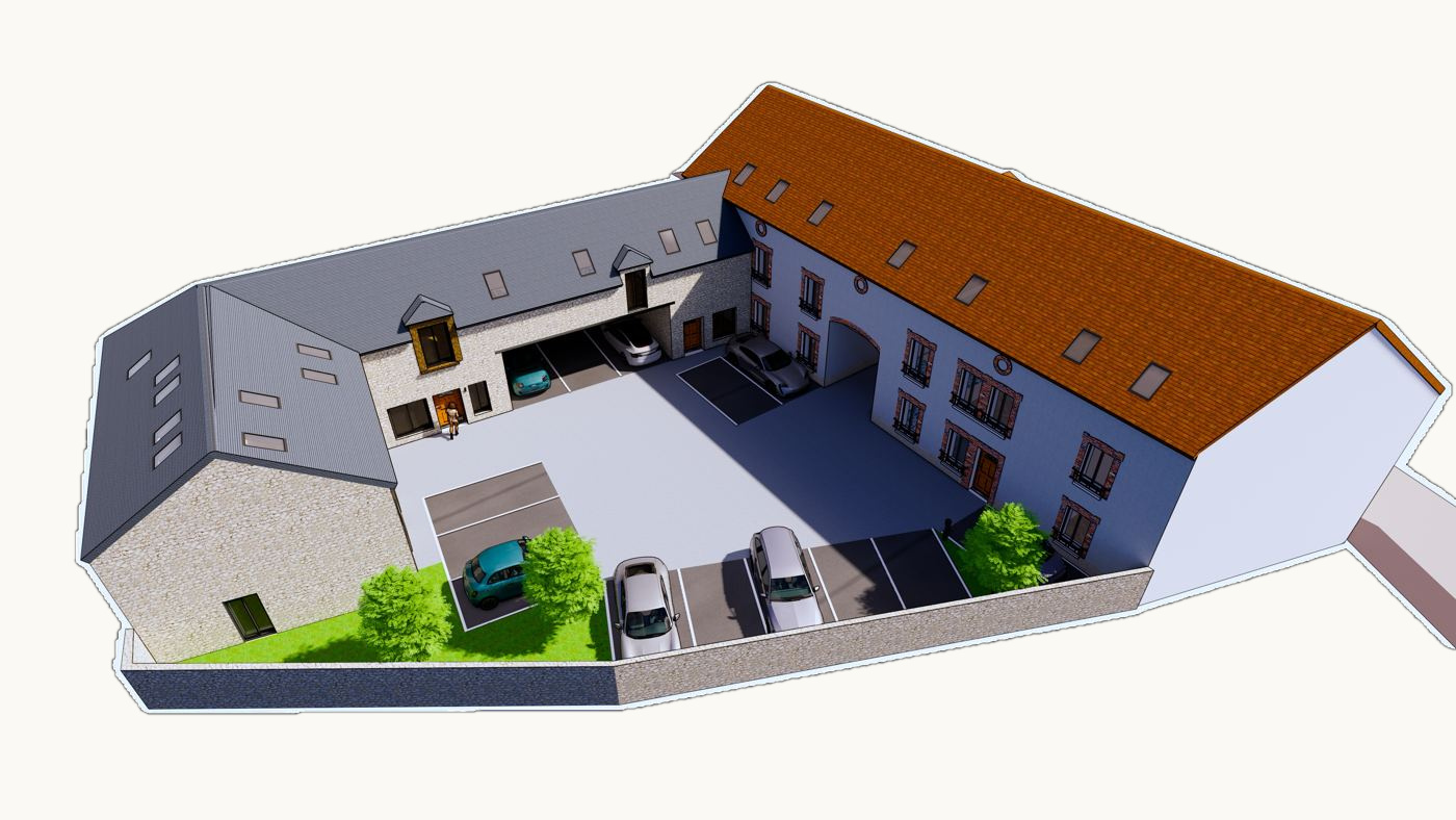 Vue d'ensemble du projet collectif de Château-Landon (77) — cour, stationnements et bâtiments réhabilités