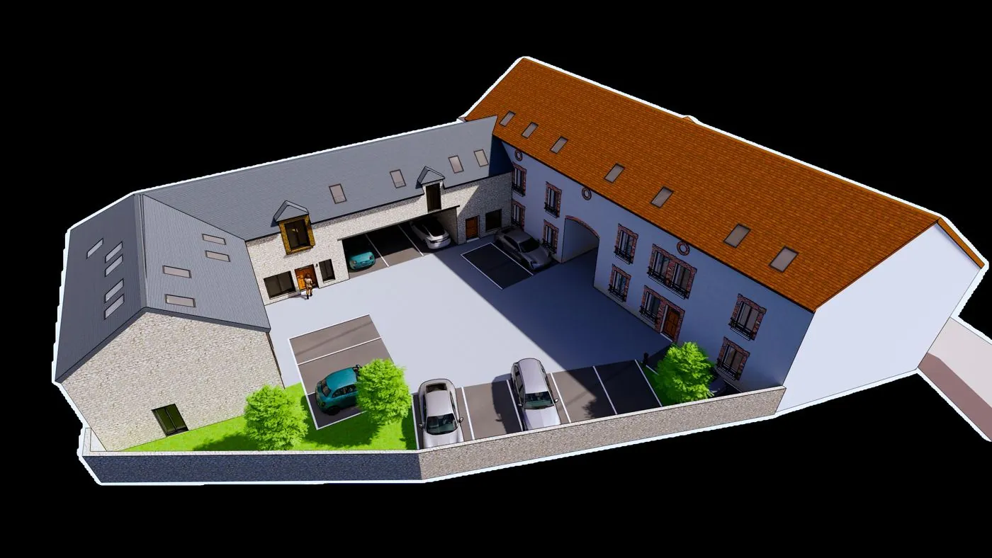Vue d'ensemble du projet collectif de Château-Landon (77) — cour, stationnements et bâtiments réhabilités