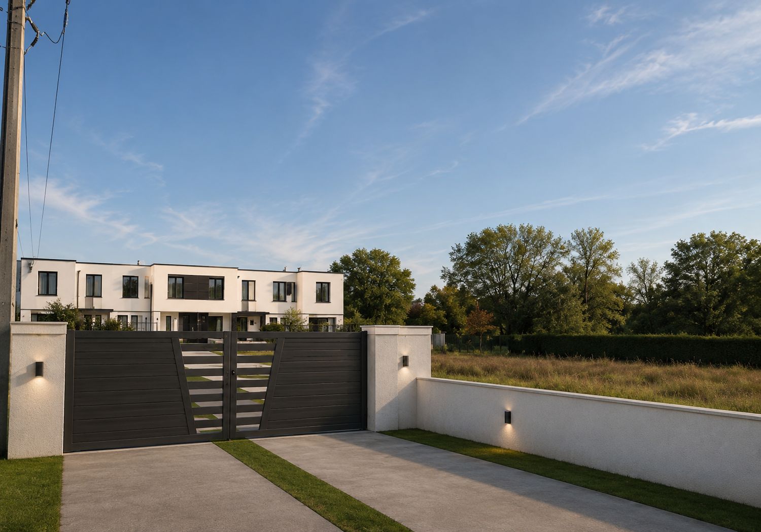 Maison neuve de 149 m² à Argenteuil (95) — vue depuis le portail, clôture et mur enduit