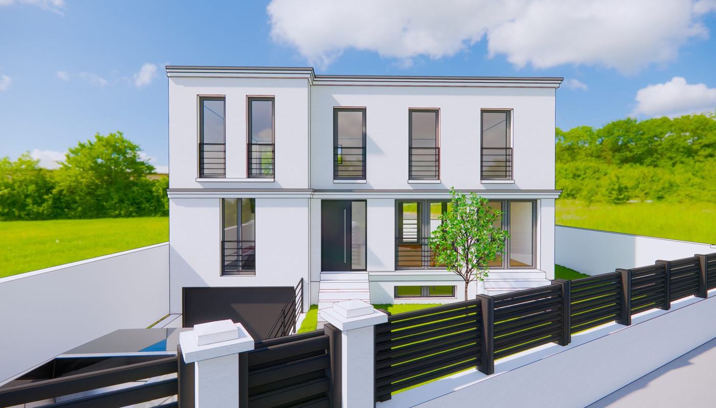 Maison neuve à Argenteuil (95) — insertion 3D du permis de construire, mur en meulière et ferronnerie