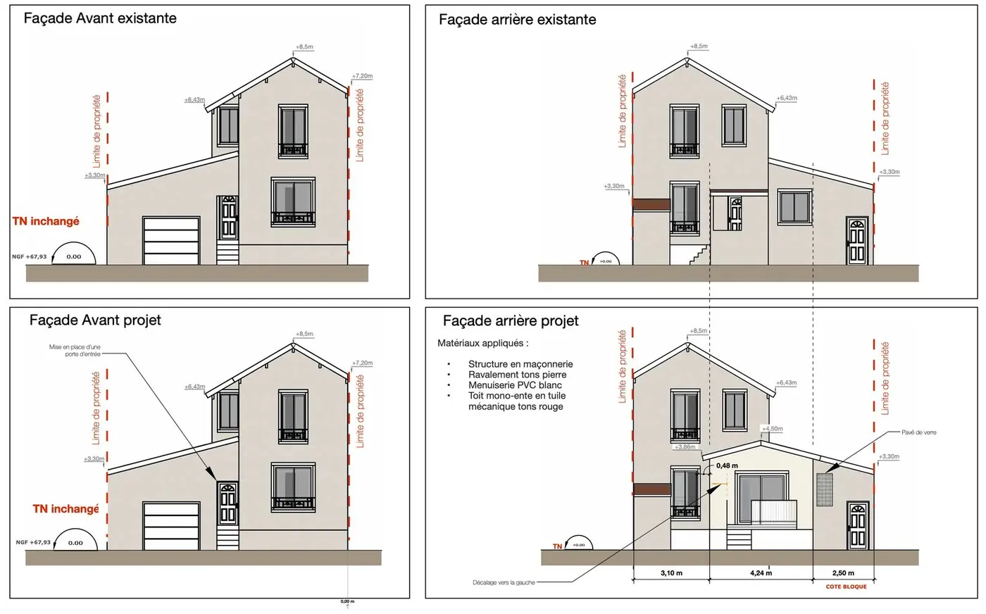 Plans de façades existant et projet (PCMI5) du dossier d'Arnouville