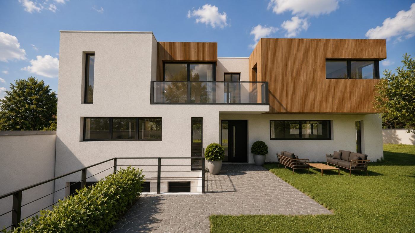 Maison contemporaine enduit blanc et bardage bois — insertion réaliste du permis de construire