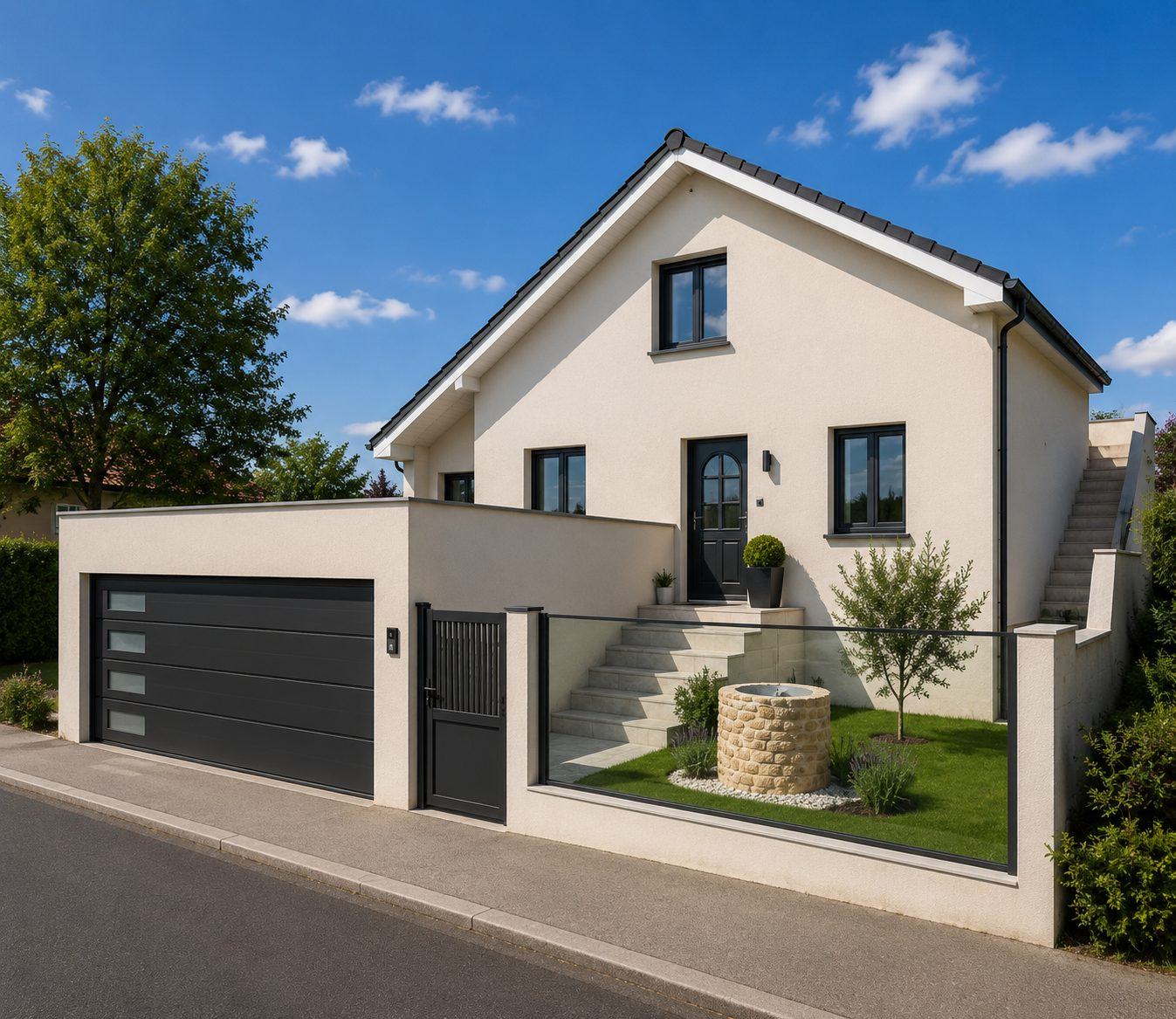 Maison individuelle avec garage à toit plat et clôture vitrée — insertion réaliste du projet