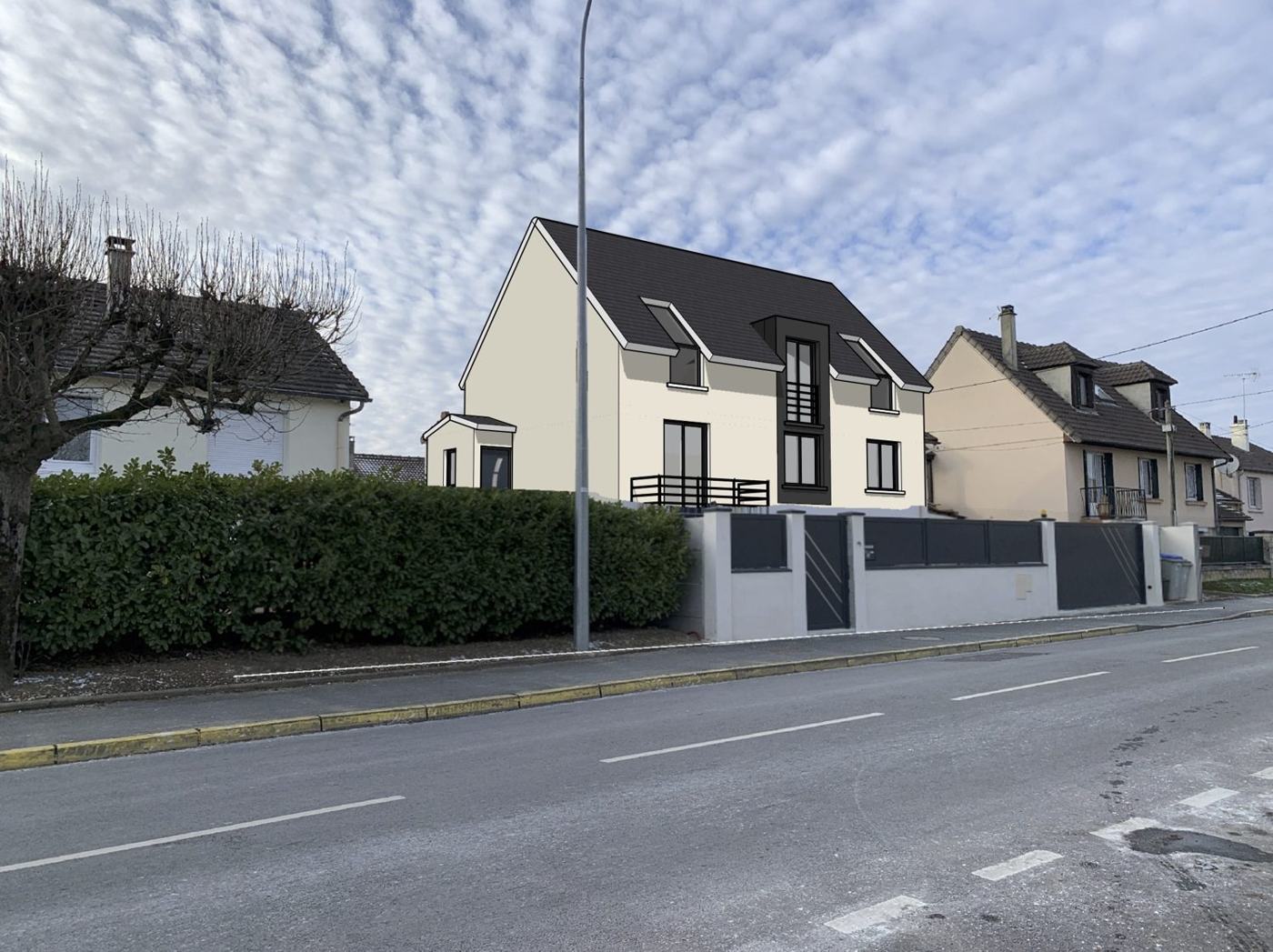 Surélévation d'une maison à Roissy-en-Brie (77) — insertion du projet dans la photo de la rue