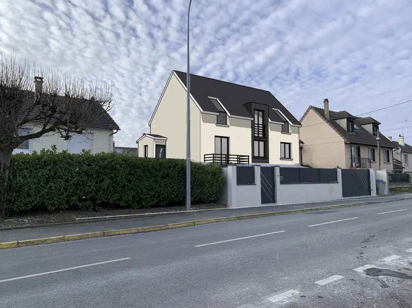 Surélévation d'une maison à Roissy-en-Brie (77) — insertion du projet dans la photo de la rue