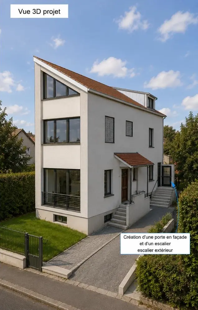 Vue 3D du projet : façade rehaussée, grandes baies, porte et escalier extérieur créés